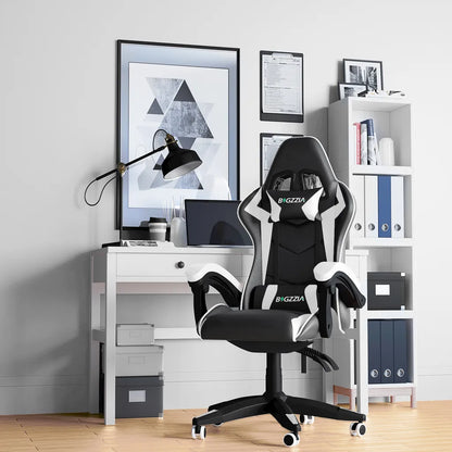 Bigzzia Bürostuhl Ergonomisch, Schreibtischstuhl, Drehstuhl, Gaming Sessel, Gamingstuhl, mit Kopfstützen, bis zu 110 kg, Weiß