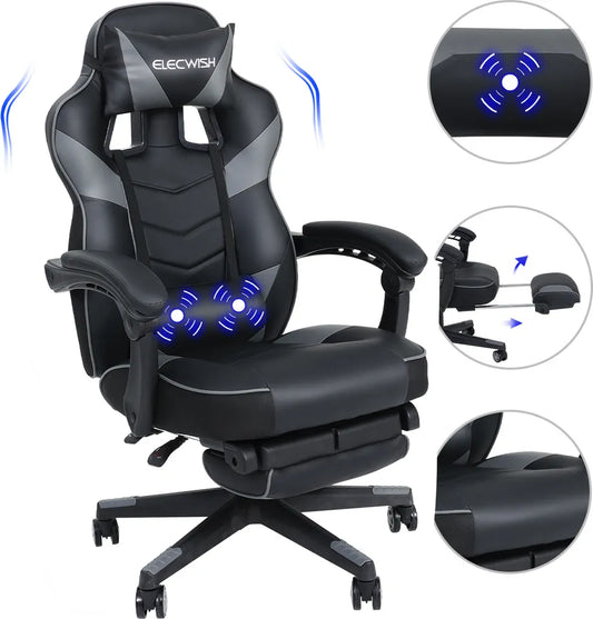 Puluomis Gaming Stuhl mit Massage und Fußstütze, Bürostuhl Chefsessel Schreibtischstuhl Racing Stuhl ergonomisch150Kg,Sportsitz Höhenverstellbarer Drehstuhl Computerstuhl, Schwar