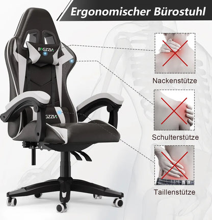 Bigzzia Bürostuhl Ergonomisch, Schreibtischstuhl, Drehstuhl, Gaming Sessel, Gamingstuhl, mit Kopfstützen, bis zu 110 kg, Weiß