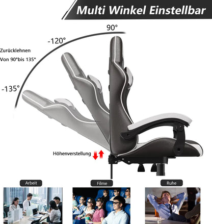 Bigzzia Bürostuhl Ergonomisch, Schreibtischstuhl, Drehstuhl, Gaming Sessel, Gamingstuhl, mit Kopfstützen, bis zu 110 kg, Weiß